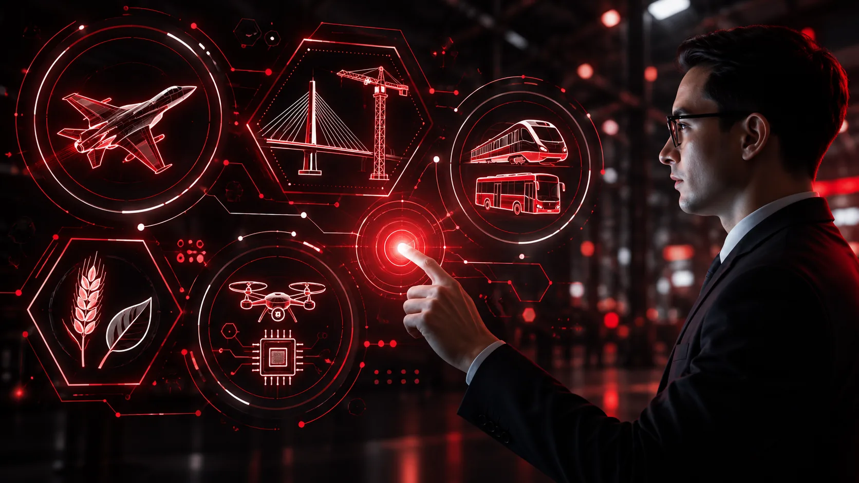 A professional touching a holographic interface showing aerospace, infrastructure, automotive, food security and technology